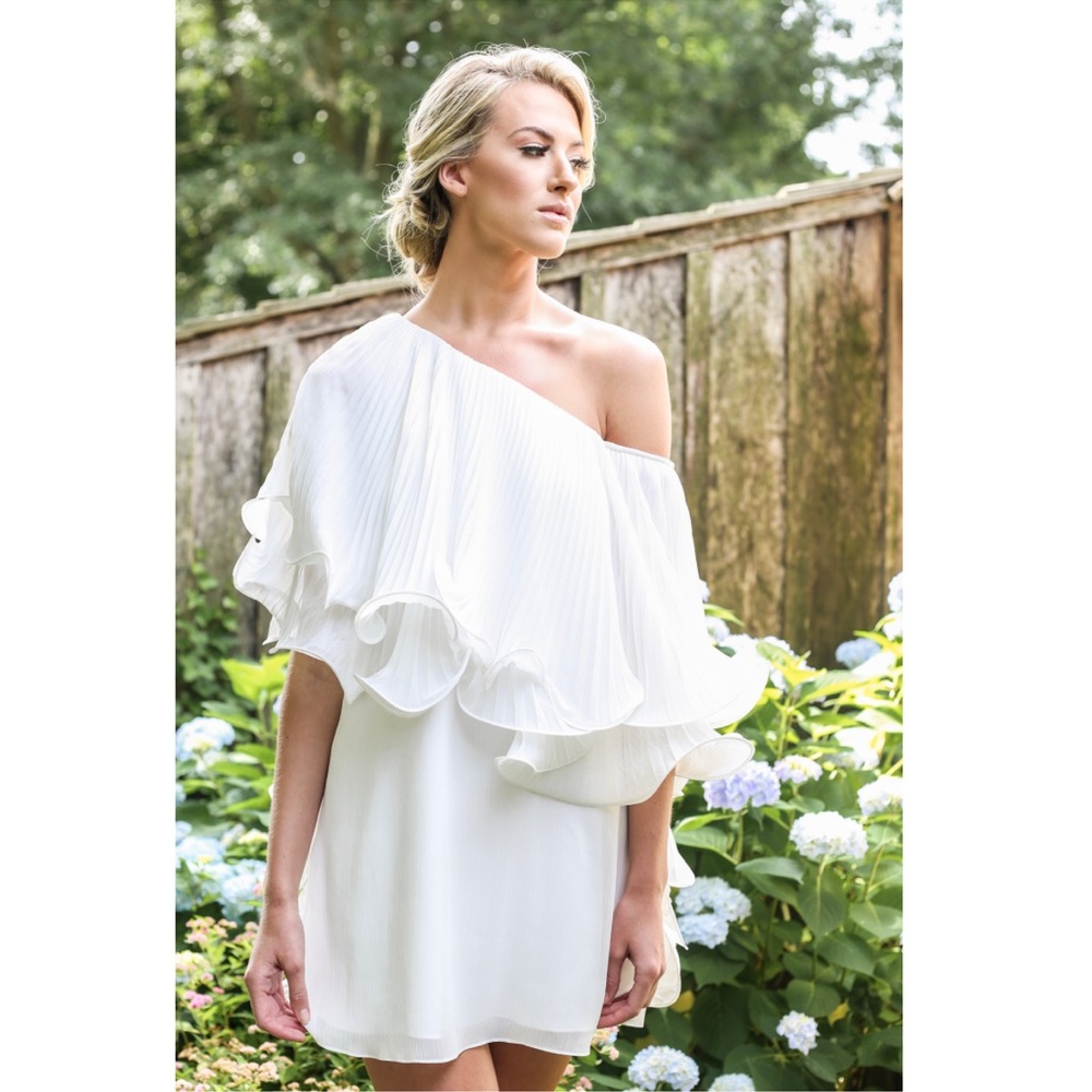 Badgley Mischka Crinkle Tiered One-Shoulder White Dress White